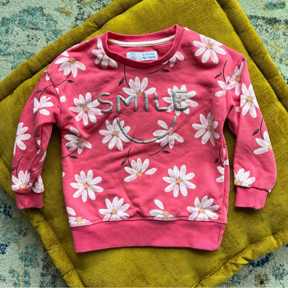 Primark Toddler / Little Girls Floral Sweatshirt with Smiley Face, 3-4T, EUC